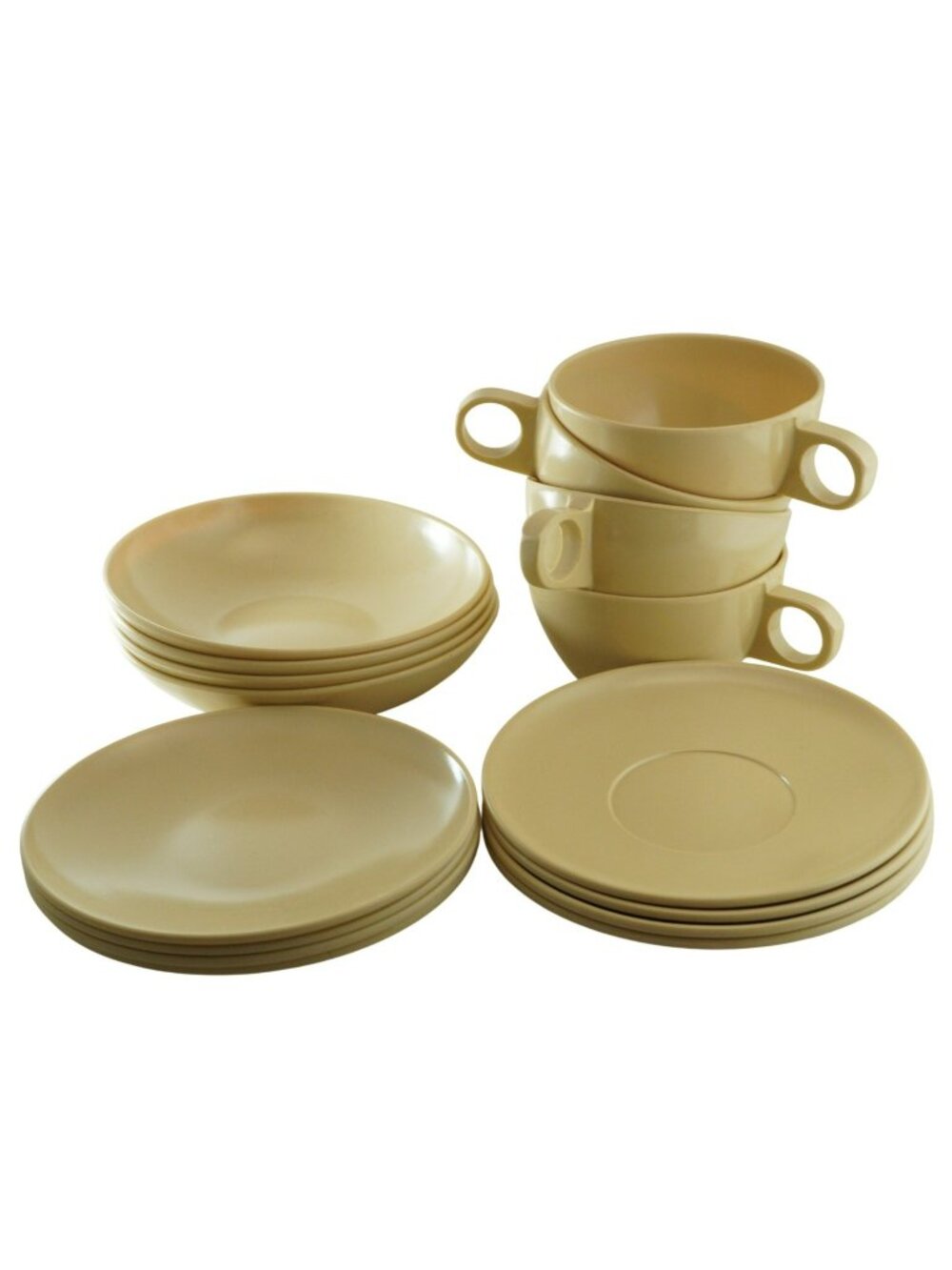 Vintage 16pc Beige Plastic Snack Set Small Bowls Cups Saucers Kids RV Lot